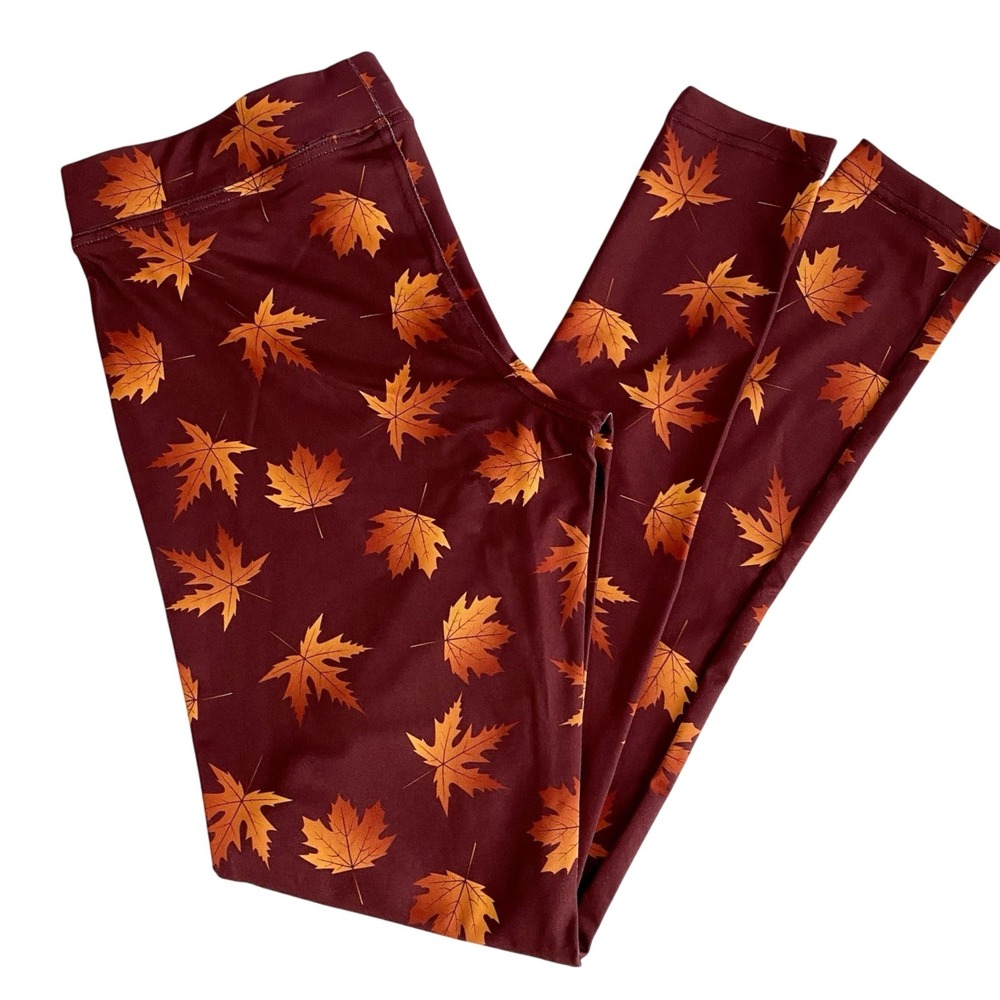 Tipsy Elves Leggings Women's Small Burgundy Orange Pants Fall Maple‎ Leaf Autumn